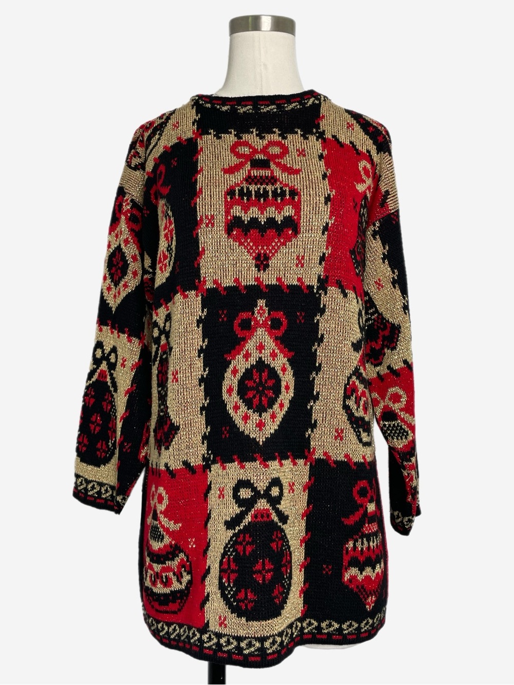 Vintage Dana Scott red gold black ornament knit Christmas sweater holiday S/M